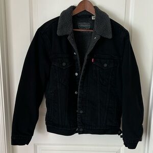 Levi's Black Denim Gray Sherpa Lined Trucker Jacket Size S
